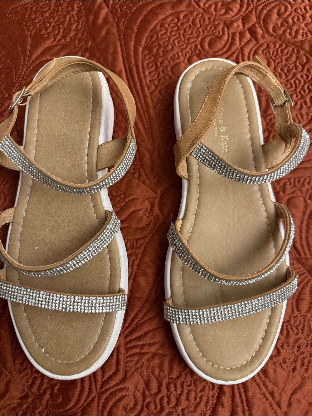 Tan Rhinestone Strappy Women's Sandals with Cushioned Footbed